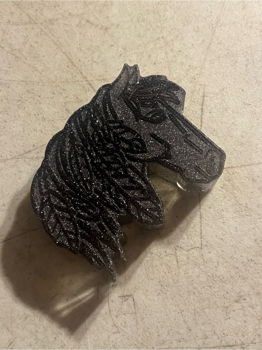 Glittery Horse Head Brooch - Dark Silver Sparkle